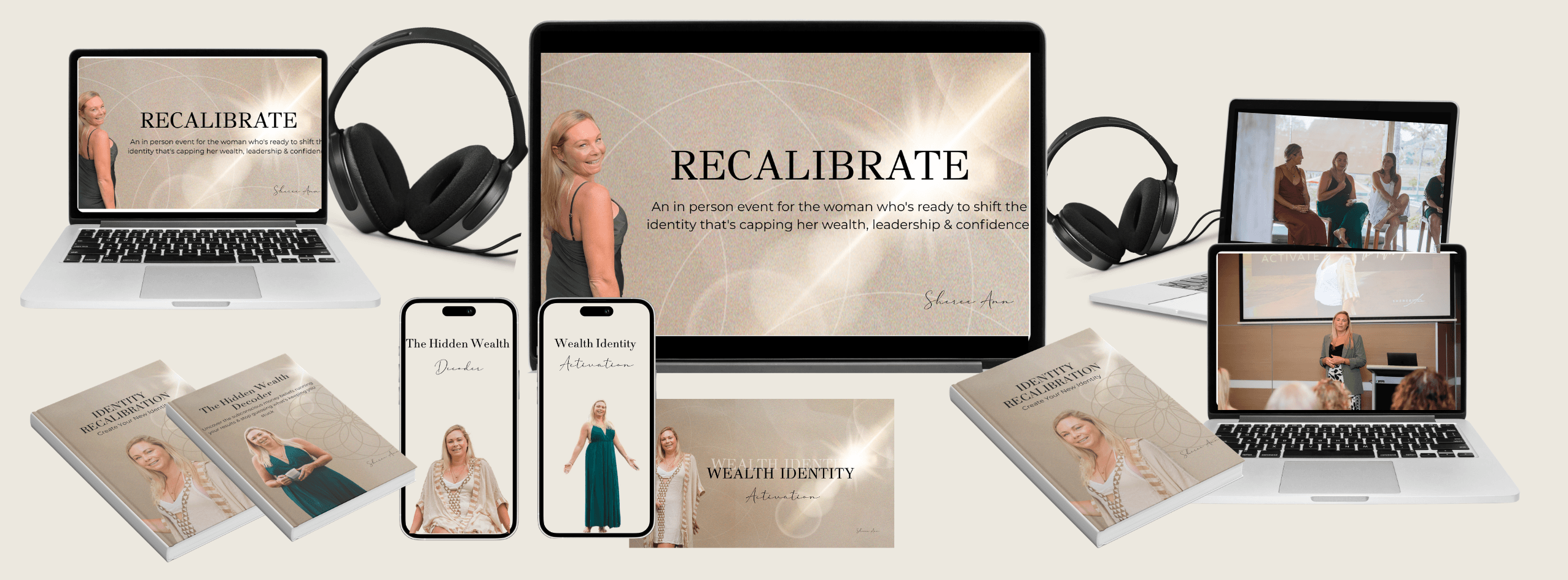 The RECALIBRATE bonuses: the Hidden Wealth Decoder, the Identity Recalibration Script and the Wealth Identity Activation, shown across laptop, phone and workbook